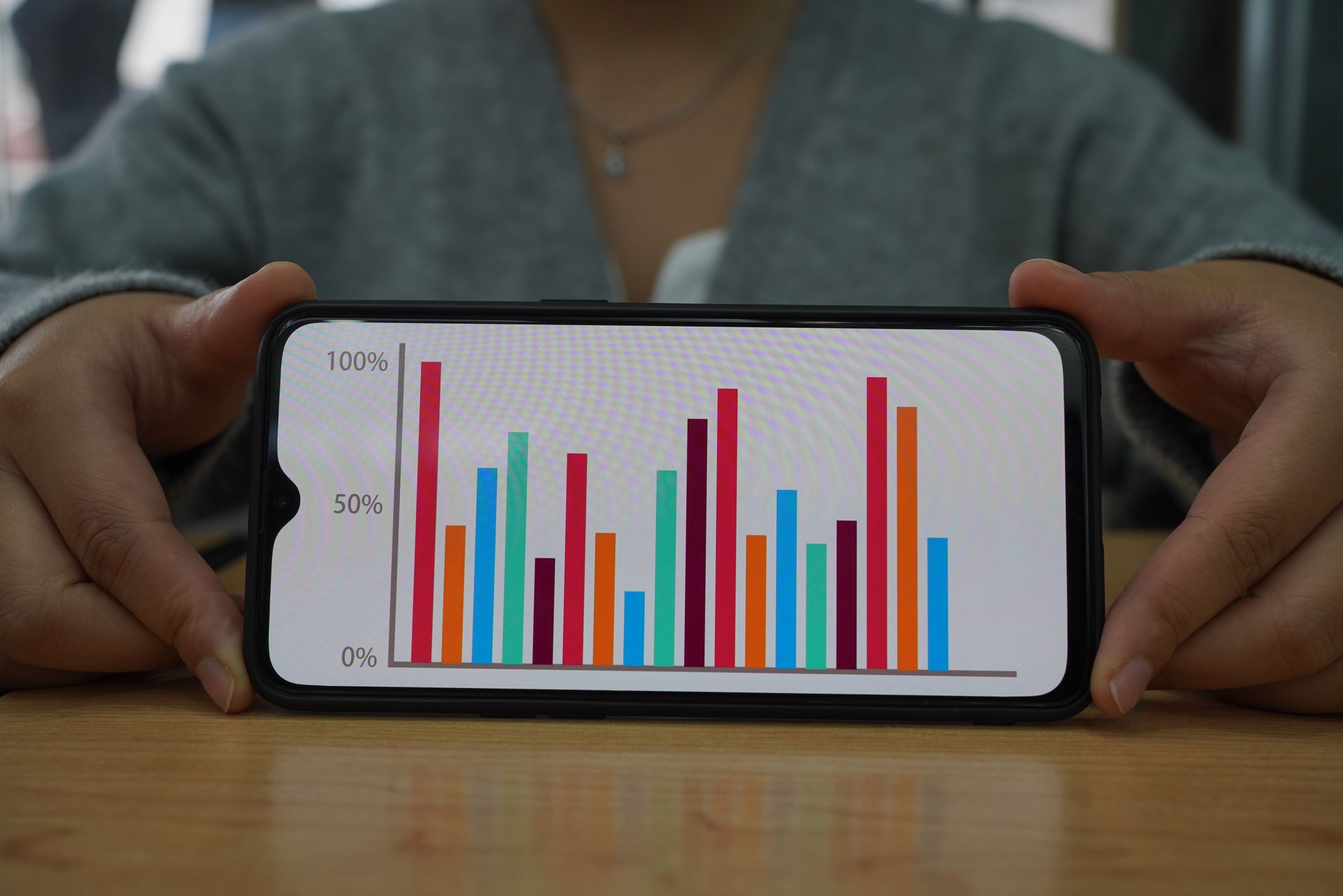 Asian business woman showing work chart on smartphone
